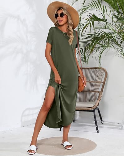 Image of Riyiper 2 Pieces Women's Short Sleeve Maxi Dress Round Neck Casual Loose Split Long Summer Beach Shirt Dress with Pockets (Dark Gray, Army Green,Medium)