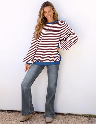 UEU Women Oversized Striped Crewneck Sweatshirt Long Sleeve Color Block Pullover Tops Casual Loose Workout Shirt4
