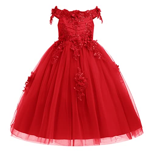 Flower Girl Dress Embroidery Lace Applique Beaded Off Shoulder Long Pageant Formal Wedding Party Dresses for Kids Baby Bridesmaid Birthday Communion Floor Length Tulle Ball Gowns Red 11-12 Years