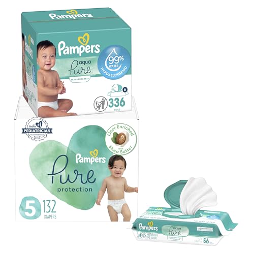Pampers Pure Protection Disposable Baby Diapers Size 5, One Month Supply (132 Count) with Aqua Pure Baby Wipes, 6X Pop-Top Packs (336 Count) - image 1