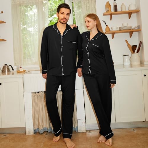 Image of BAMBOO COOL Mens Pajama Set Bamboo Viscose Cotton Soft Lightweight Loungewear Sleepwear Long Sleeve and Pants with Pockets