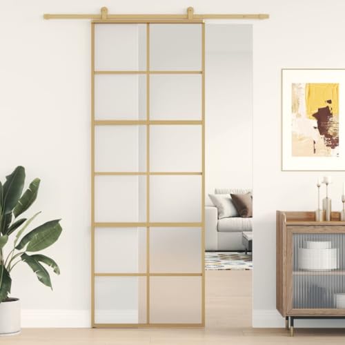 IKAYAA Puerta Corredera 76 x 205 cm de Aluminio y Vidrio Puertas Interior Cristal Puerta Corredera Interior para Sala de Estar Salón Oficina, Dorado y Mate Type 1