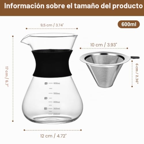 Miniatura 2 de Dwitkul Pour Over Cafetera, 600ml Jarra De Café Con Filtro, Filtro De Café De Mano De Acero Inoxidable En Vidrio, Para Hogar, Cafetería, Restaurante Y Camping