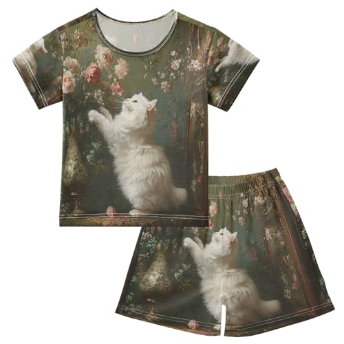 ALAZA Cat Play Flower Blossom Pajamas Set Short Sleeve Cotton Sleepwear Summer Pjs 2 Piece 5-14Y