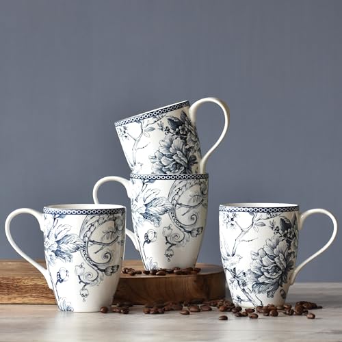 Image of Devnow Adelaide Blue Porcelain Mug Set of 4 - 280ml | Blue Floral Printed Tea & Coffee Mugs | Microwave & Dishwasher Safe | Elegant Gift Set | Premium Daily Use Ceramic Cups