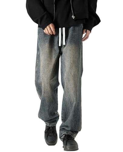Men's Regular Fit Straight Leg Jeans Casual Drawstring Elastic Waist Denim Pants Lightweight Denim Trouser