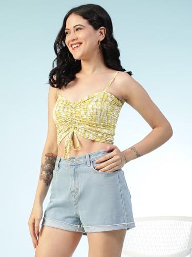 Image of oxolloxo Women Satin Chiffon Print V-Neck Smocked Shoulder Strap Sleeveless Tie-Up Detail Crop Top