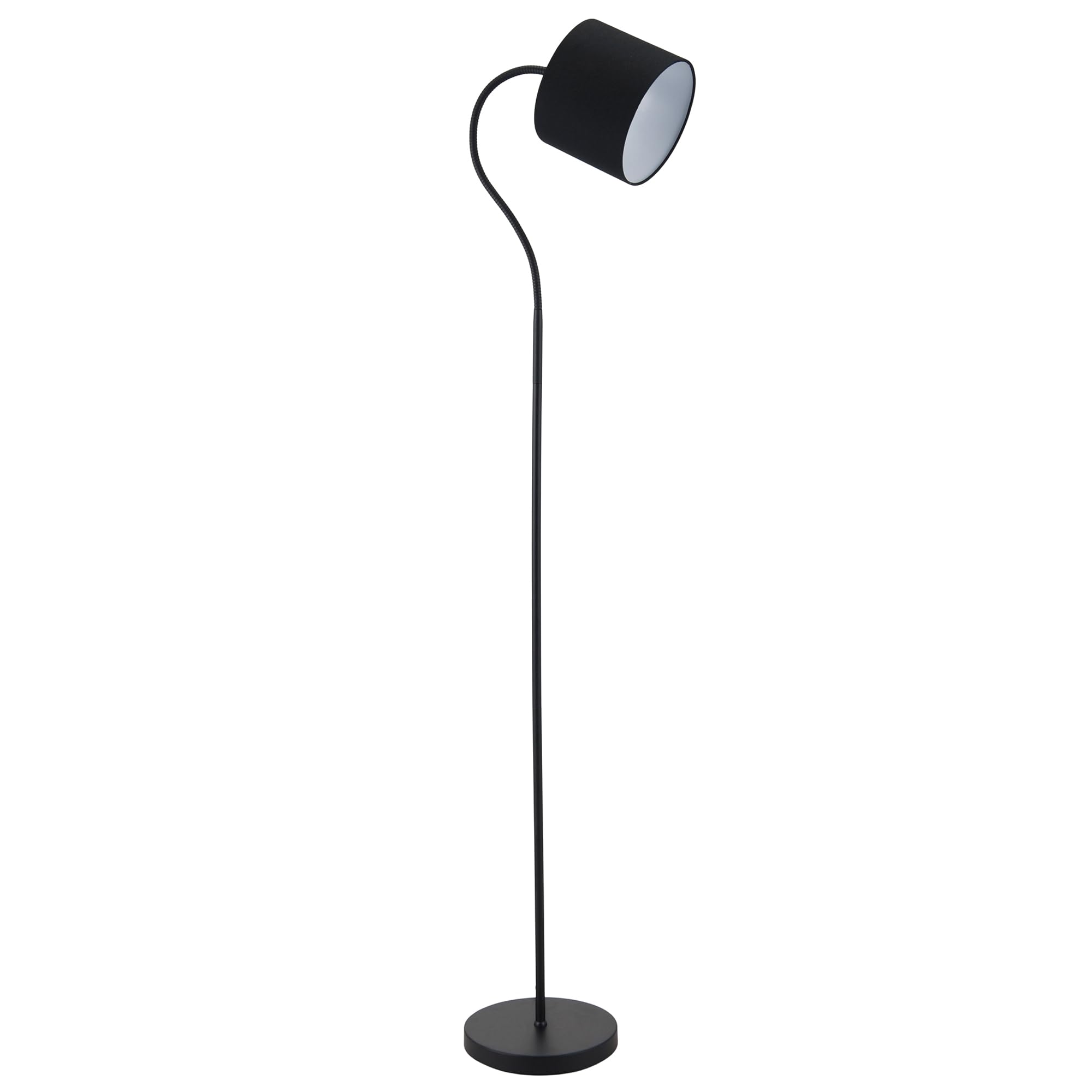 Happy Homewares Traditional Matte Black Floor Lamp with Adjustable Cotton Fabric Shade | 141cm Height | Inline Foot Switch Button | 1 x 11w