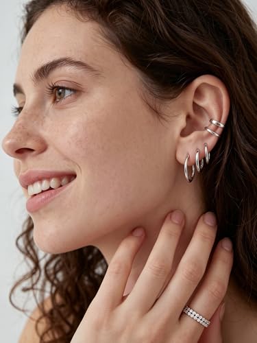 Image of ChicSilver 925 Sterling Silver Huggie Hoop Earrings Small Hoop Earrings for Women Hypoallergenic Silver Huggie Earring Cartilage Earrings for Women (6 /8 /10 /12 /14 /16 /18 /20MM)