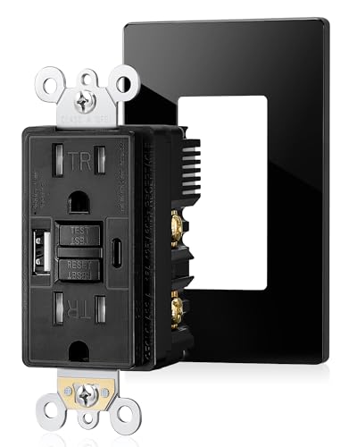 SURAIELEC 15 Amp GFCI Outlet with USB Ports, Self-Test GFCI Combination with USB-C & USB-A, Tamper-Resistant GFCI Electrical Outlet, GFCI USB Outlet with Screwless Wall Plate, ETL Listed, Black,1-Pack