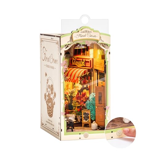 rowood Book Nook,Booknook DIY Kit with Dust Cover,3D Wooden Puzzle Decorative Bookend Miniature Dollhouse Kit Bookshelf Insert Alley,Crafts for Adults Teens on Birthday Christmas -Floral Corner
