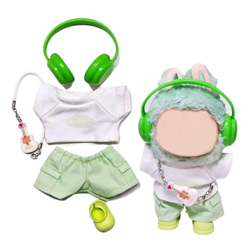 5pcs per Labubu Abbigliamento Set 17cm Cute Outfit per Labubu Bambola Abbigliamento e Accessori Scarpe Camicia Pantaloni Cuffie Chitarra (No Bambola) Verde