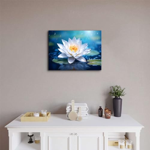 Image of Lotus Flower Wall Art Zen Bathroom Pictures Wall Decor Nature Water Blooming White Floral Canvas Painting Blue Meditation Room Decor Spiritual Spa Yoga Artwork Home Living Room Decorations 12x16 inch