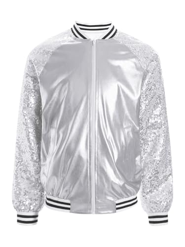 Kids Girls Sequin Long Sleeve Lightweight Sparkle Bomber Jacket Zip Up Hip Hop Jazz Modern Dance Coat Outwear3