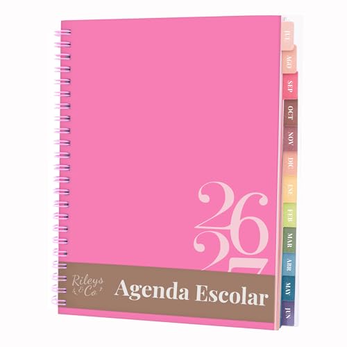 Rileys Agenda Escolar 2026-2027, Agenda Anéis 2026 com Planeador diário Acadêmico, Planner Universitário para uso escolar, tipo diário para encontros (20 × 15 cm, rosa, clássico, em espanhol)