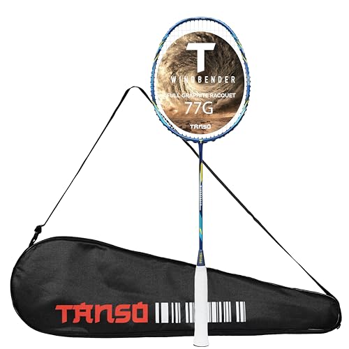 Image of TANSO Windbender Full Graphite Ultra Light Weight Carbon Fibre Strung Badminton Racket (32 Lbs Tension, 680 mm Long, 77 Grams, Strung with Premium Strings and Full Racquet Cover)