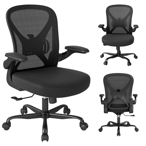 Keratee Silla de Oficina Ergonómica de Malla con Soporte Lumbar Ajustable y Reposabrazos Abatibles, Silla de Ordenador Transpirable para Hogar con Ajuste de Altura y Giro 360°, Negra