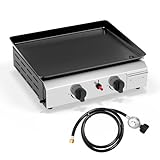 Bonnlo 2 Burner Portable Propane Griddle, 20,000BTU Gas Grill with Enameled Tray, Rolling Flat Top Gas Grill with Electronic Ignition & Regulator for Outdoor Camping Cooking BBQ