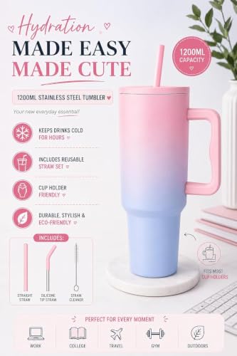 Image of WEZOSHINET 1200ml Stainless Steel Tumbler with Handle & Steel Straw | Double Wall Vacuum Insulated Mug | Spill Proof Lid | Beer & Cold Drink Travel Cup (Candy Customize)