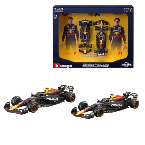 Bburago Formel 1 Red Bull RB20 Team Collector (2024): Modellauto-Set im Maßstab 1:43, Window Box zum Aufhängen, 28 cm, schwarz (18-38099)