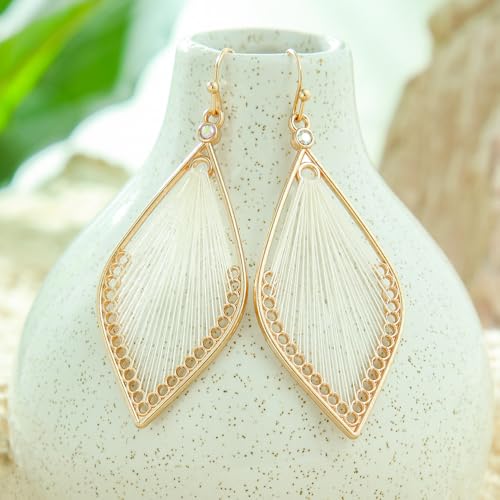 MALOYANVE Boho Leaf Thread Dangle Earrings for Women Handmade Crystal Teardrop Fringe Braided Silk Leaf Shape Drop Earrings Vintage Statement Earring Bohemian Jewelry Gift (Gold White) by MALOYANVE - Used condition - Image 2
