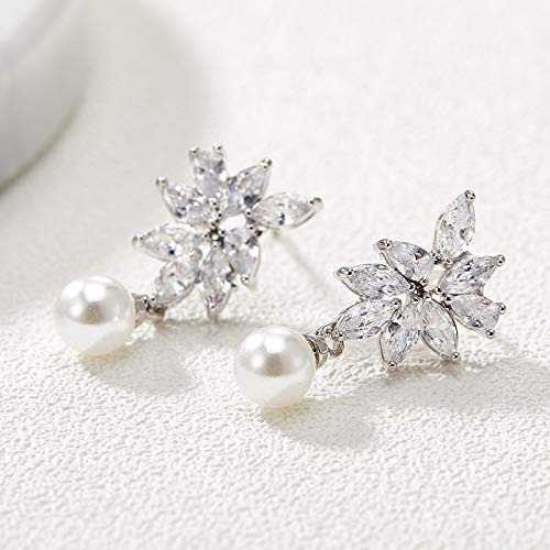 Sweetv Cubic Zirconia Pearl Wedding Bridal Earrings For Brides Bridesmaids, Silver Pearl Drop Earrings For Women Prom Jewelry Gifts #TOP4