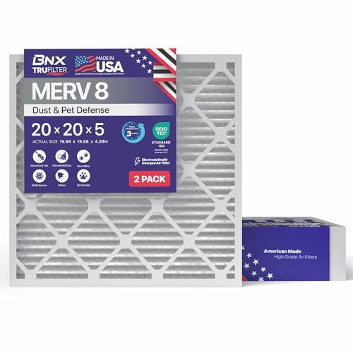 Image of BNX TruFilter 20x20x5 MERV 8 Air Filter (ACTUAL SIZE 19.88'' x 19.88'' x 4.38'' Honeywell Compatible 4 inch) 2 Pack MADE IN USA HVAC AC Furnace Filters Dust, Pet, Mold, Pollen MPR 600 FPR 5