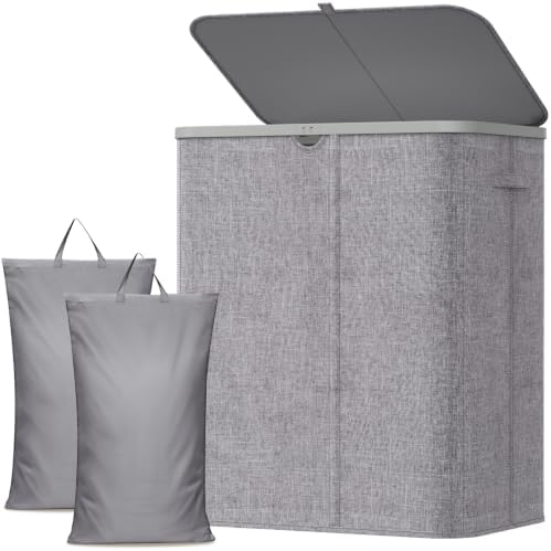 Lifewit 165L 2-Compartment Laundry Basket with Lid, Washing Basket, Grey | Large Foldable Laundry Hamper with 2 Removable Bags, Dirty Clothes Basket for Bedroom and Bathroom