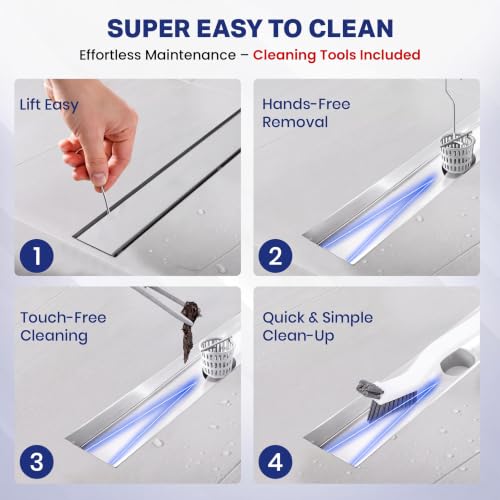 Linear Shower Drain 24 inch with 2-in-1 Flat & Tile Insert Cover - Brushed 304 Stainless Steel Shower Floor Drain - Linear Drain with Reversible Cover & Hair Catcher - Includes Cleaning Tools by Smarvara - Used condition - Image 4