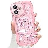 CASBST Compatible with iPhone 16 Case for Women Girls, Cute Curly Wave Frame with Bling Glitter Butterfly Pattern, Full Camera Protection, Slim TPU Aesthetic Clear Phone Case for iPhone 16, Pink