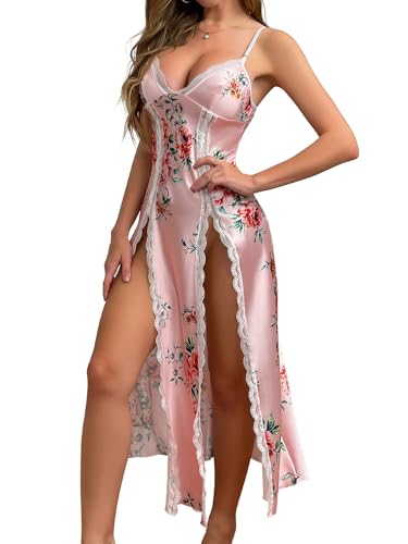 Image of CRIPOM Silk Lingerie Dress for Women Long Nightgowns for Women Sexy Chemise with Thong 2 Piece S-XXL