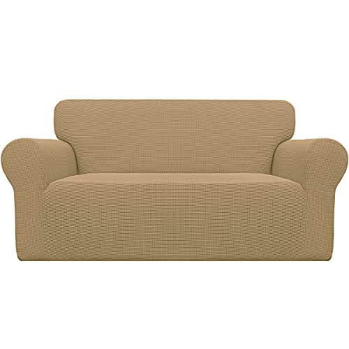 Image of Easy-Going Stretch Loveseat Slipcover 1-Piece Sofa Cover Furniture Protector Couch Soft with Elastic Bottom for Kids Polyester Spandex Jacquard Fabric Small Checks (Loveseat, Golden)