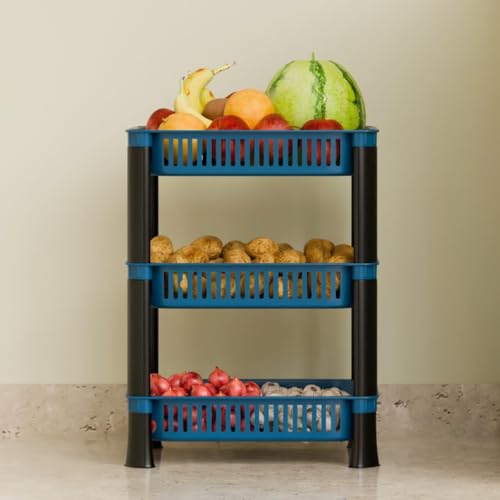 Image of Multipurpose Plastic Storage Rack for Kitchen | Foldable Vegetable & Fruit Organizer Stand for Onion, Potato, Sabji | Countertop Multi-Layer Basket Rack for Home, (Blue, 3 layer)