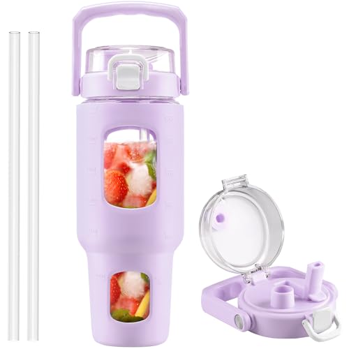 BLUEGO 40 oz Glass Water Bottle with Straw, Leakproof and Time Marker, Wide Mouth for Travel, Gym, Workout, Purple