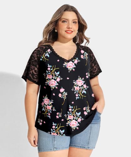 Image of CARCOS Plus Size Tops for Women Short Sleeve Raglan Striped Tee Color Block Crewneck /V Neck Tunic Loose Fit Summer XL-5XL