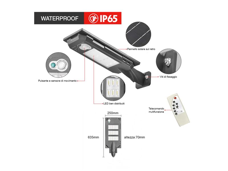 Lampada Faro LED SMD Solare 90W lampione in Metallo Luce Faretto Energia Green con Telecomando 1200 Lumen 6000K IP65 Sensore Movimento Crepuscolare Classe energetica A+ 2 modalità