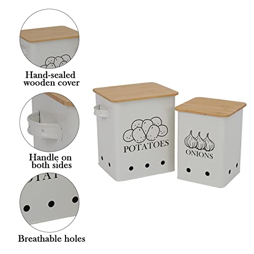 Image of Kitchen Vegetable Storage Tins Set of 2 for Potatoes, Onion, with wooden lid Garlic Bin Caddy, Long Shelf Life-white
