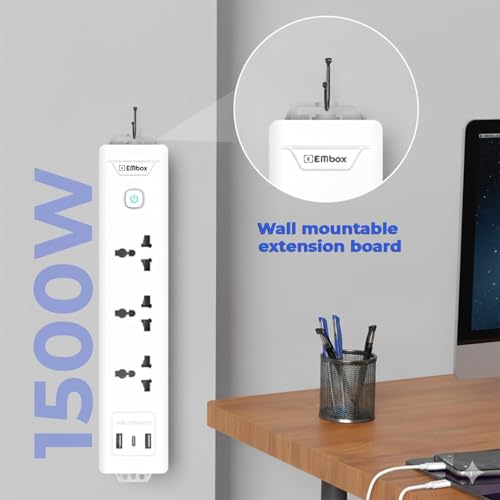 Image of EMBOX Extension Board with USB (2.4 A) Type C | Master Switch Spike Guard, Universal Sockets, LED Indicator 2000W (3 Socket + 3 USB - 2mtr)