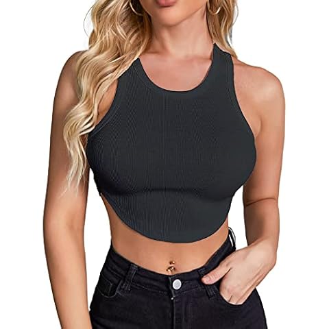 ForeFair Womens Sexy Cropped Tank Tops Asymmetrical Hem Summer Sleeveless Slim Crew Neck Tee Top Racerback Shirt, Black, Large Cover