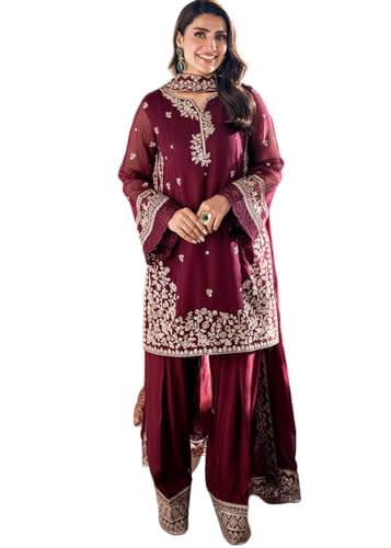 Image of Women's French Crepe Kurta Set with Organza Dupatta | Floral Thread Embroidered Ethnic Suit Set | Straight Kurta Pant Set Round Neck Festive Indian Wear