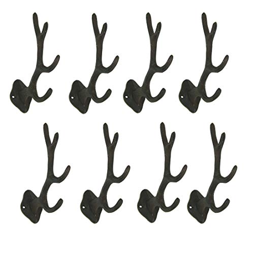 Set Of 8 Rustic Brown Cast Iron Antler Wall Hooks Decorative Bathroom Towel Holder Mount Hat Hanging Rack Western Décor 5.75 Inches High #TOP7