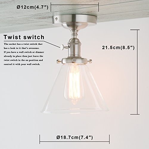 Permo Vintage Industrial Semi Flush Mount Ceiling Light Fixture Pendant Lighting with Funnel Flared Clear Glass Shade (Brushed)