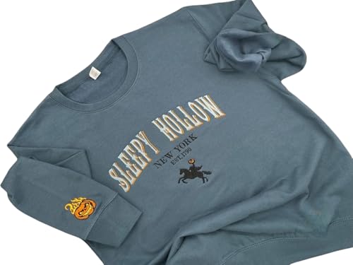 Sleepy Hollow Embroidered Sweatshirt – Headless Horseman Halloween Crewneck, Pumpkin Flame Sleeve Embroidery, Cozy Fall Spooky Season Sweater Gift for Her & Him Multi3