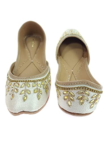 Image of Fulkari Women's Dolli Gold Genuine Soft Leather Embroidered Jutis | Bite and Pinch Free Jutti | Punjabi Formal Juttis | Girl's Wedding Flat Ladies Mojari | Formal Ethnic Juti |