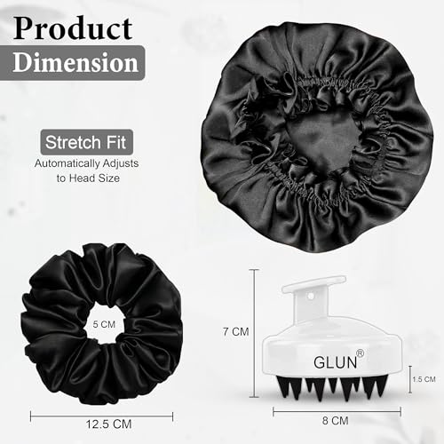 Image of GLUN Anti-Dandruff Round White Scalp Massager with Elastic Closing Zed Black Hair Bonnet Cap with 3 Satin Scrunchies Combo, Treatment Accessories for Hairs