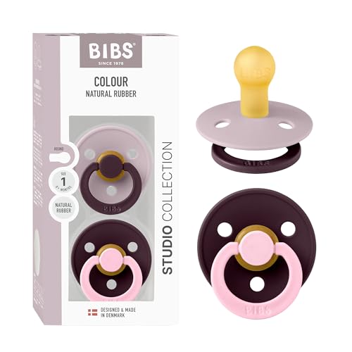 BIBS Colour Studio Schnuller 2er-Pack, BPA-frei, Kirschform Nippel. Naturkautschuk/Latex, Hergestellt in Dänemark, Größe 1 (0-6 Monate) - Dusky Lilac/Plum