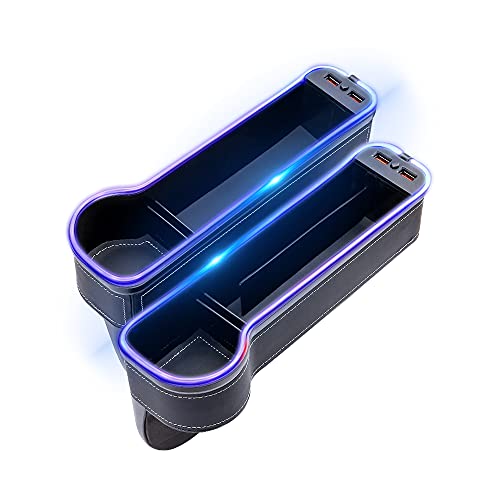 keketuohai 2 Pack Car Seat Gap Organizer 3 in 1 Storage Box Front Seat Gap Come with 1 Cigarette Lighter USB Charger Car Seat Pockets with LED Light Car Seat Gap Filler with Cup Holder (Black)