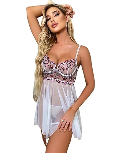 Deep V Sexy Lingerie Chemise de Nuit Transparente Maille Broderie Pyjama