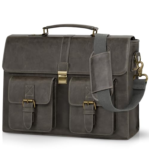 Image of RAINSMORE Mens Messenger Bag 15.6 Inch Leather Vintage Laptop Briefcase Waterproof Computer Laptop Bag Leather Satchel Bag Large Shoulder Bag for Office Work Travel College, Grey