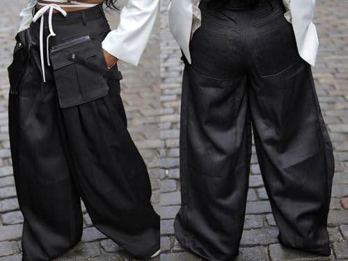 Vakkest Women's Casual Satin Cargo Pants Baggy Wide Leg Folds Pants Streetwear High Waist Palazzo Trousers with Flap Pockets4